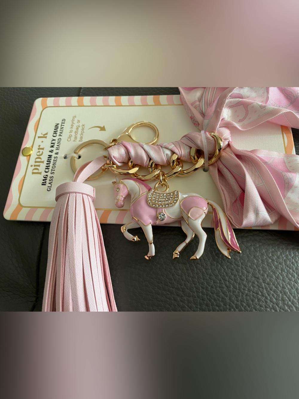 Piper .k Pink and White Horse Bag Charm Keychain with Gold Chain